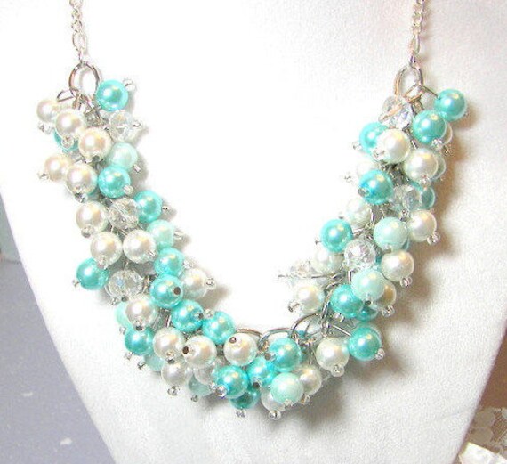 Aqua Turquoise and White Necklace Bridesmaid Necklace Beach