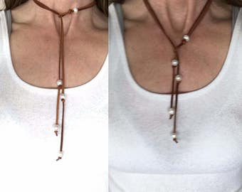 Tan Leather Pearl Necklace, Freshwater Pearl Lariat Necklace, Tan Leather Lariat Necklace, Tan Pearl Leather Necklace