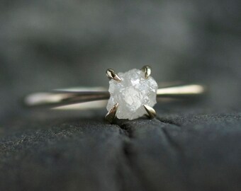 Rough Diamond Engagement Ring. Raw Diamond Ring. White Diamond Ring. Raw White Diamond Ring. Rose Gold Diamond Engagement Ring.