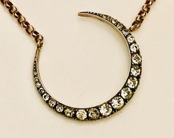 Antique Silver & Paste Crescent Moon on Vintage 9ct Gold Chain Necklace