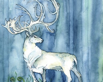 Aquarell, weiße Hirsch Malerei, Aquarell Druck, Elch, Hirsch, Patronus, weißen Hirsch, Fantasy Art, Druck mit dem Titel, "Hart of the Forest"