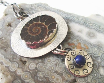 Ammonite Fossil w/ Blue Lapis Lazuli Textured Dangle Pendant in Sterling Silver Necklace Jewelry