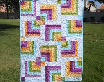 Baby Quilt--Yellow, Green, Aqua and Purple Log Cabin