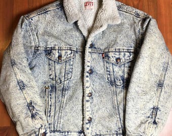 Vintage levis sherpa jacket acid wash denim jacket coat jean jacket - Large xl
