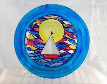 Sailboat at Sunrise, hand-painted plate with blue rim