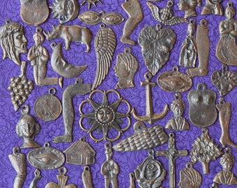 MIlagros Charms 25 Large Antiqued Gold Tone Assorted Mexican Milagro Charm Pendant Ex Votos Offerings Wholesale