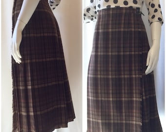 Brown Wool Plaid Pleated Skirt