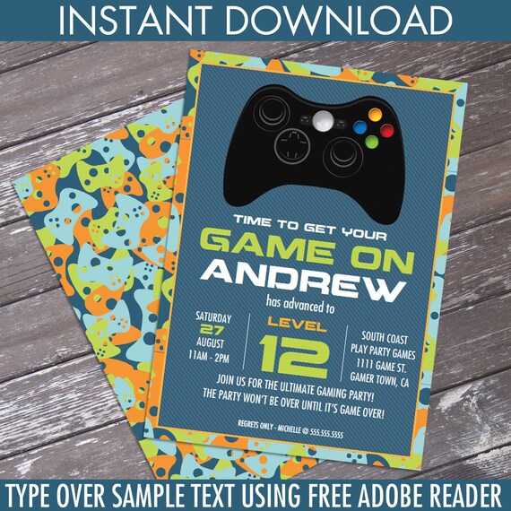 Video Game Birthday Party Invitation Blue Camo You