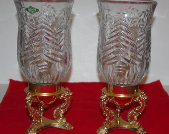 Two 10" CRYSTAL HURRICANE LAMPS with Brass Stands - Matching Pair