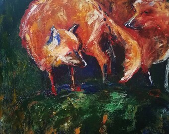 Foxes by the den, 24x24 original acrylic painting