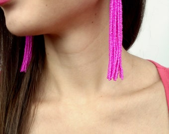 Hot pink tassel earrings boho earrings bridal earrings Fuchsia tassel earrings fringe earrings statement earrings pink earrings clip on