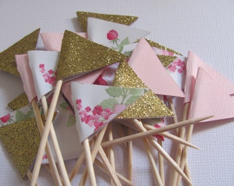 Flag Food Picks, Flag Cupcake toppers, Set of 24, Pink, Gold, Floral