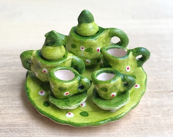 Miniature Tea Set,Miniature Green English Tea Set,Miniature Coffee Set,Miniature Handmade,Dolls House,Clay Tea Set,Hand Painted,Gifts,DIY