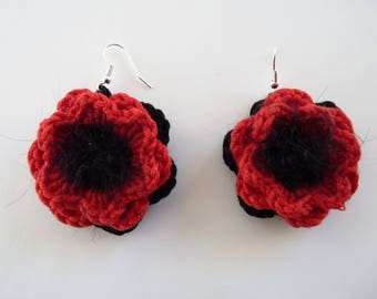 Crocheted red poppy Flower Earrings