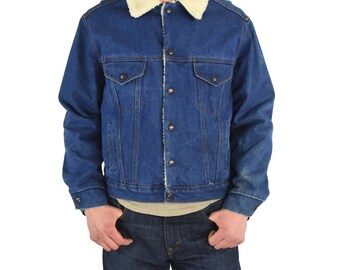 1970s Vintage Men's 44 Sherpa Lined Denim Coat Dark Wash Western Michael Charles