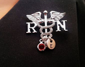 RN Registered Nurse Medical Caduceus Handstamped Personalized Initial Letter Birthstone Graduation Gift Brooch Pin