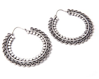 White Brass Big Hoop Earrings Tribal Earrings Mandala Jewellery Free UK Delivery WBH1