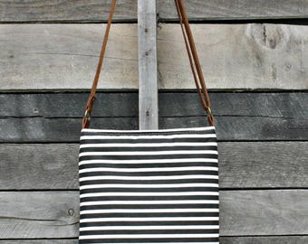 Crossbody Bag, Black and Cream Stripe, Genuine Leather, Everyday Purse, Adjustable Strap