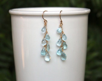Blue Topaz Earrings, Cascading Blue Topaz, Gold Filled, Waterfall, Dangle, Drop, December Birthstone, Blue Topaz Jewelry, Minimalist Earring