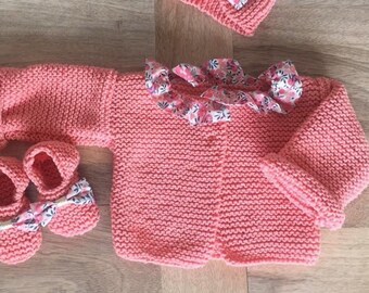 Jacket in wool fabric and coral pink sweet pea Wiltshire