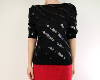 VINTAGE Sequin Sweater Black Knit Top Paillette Sequined 1980s Small
