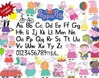 Full Alphabet + 29 PEPPA PIG Clipart Images 300 DPI Transparent Background True Type Font Scrapbooking, Stickers, Party, Printing,Banners