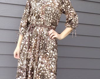 1970's 1980's BELTED DAY DRESS with pockets wear to work S (A9)