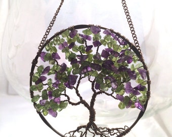 The Wisteria, SunCatcher, Tree of Life, Sun Catcher, Amethyst Peridot Gemstones, Copper Tree, Wire Wrapped Tree, Window Decor, Wall Ornament