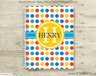 Blue Red & Yellow Polka Dots Monogram Personalized Spiral Notebook Back to School Notebook