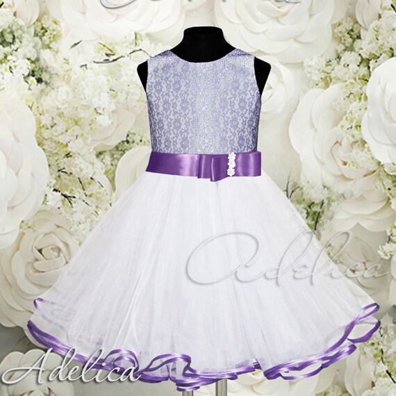 White-Lilac Knee length Tulle Lace Flower Girl Dress Wedding