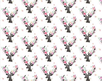 Deer Fabric Floral Antlers Fabric by the Yard Baby Girl Fabric Organic Cotton Minky Jersey Knit Fleece Nursery Fabric Woodland 7199696
