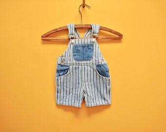 Nineties Striped Denim Baby Overalls (A sweet little pair of vertical striped cotton blue jean overalls for baby size 9 months.)