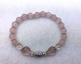 Rose Quartz Bracelet, Love Word, Stretch Bracelet, Pink Bead Bracelet, Gemstone Bracelet, Rose Quartz Beads, Inspiring Word, Heart Beads