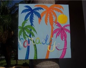 Tropical Whimsical Palm Trees Paradise Wood Sign