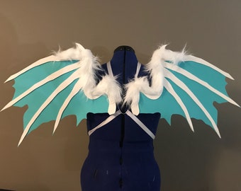 Realistic White and Blue Fuzzy Dragon Cosplay Wings