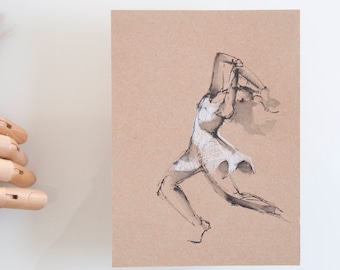 Dancer drawing, drawing on paper craft, original art, modern female art, spirituality, movement, female dancer drawing by cristina Ripper