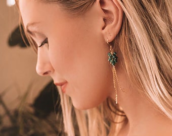 Green Apatite Gold Drop Earrings | Cluster Earrings | 14k Gold Earrings | Gemstone Earrings | Green Earrings | Long Earring | Gift for Her