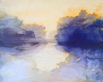 Original painting in blue and yellow, ink and collage on canvas. Abstract waterscape. Contemporary art.