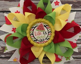 Watermelon loopy hairbow flower stacked hairbow with bottlecap watermelon embellishment