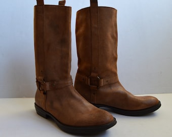 Vintage Motorcycle Boots Brown Leather Boots Work Boots Rustic Boots Cowboy Boots Western Roper Style Boots size UK 11 EU 45 US 11/5