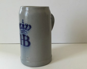 vintage HB beer stein Germany blue logo stoneware one liter