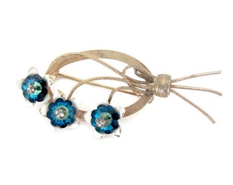 Vintage Blue Flower Brooch, 1960's Enamel Flower Brooch, Rivoli Flower Brooch, Pin, Vintage Brooch, 1960s Brooch, Jewelry