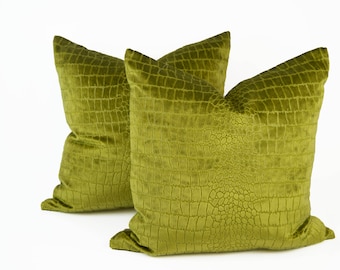Pair of 22" Green Chartreuse Crocodile Velvet Pillow Covers