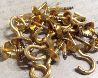 20 Vintage Cup Hooks, Brass Hooks, Screw Hooks, Salvaged Hardware, Industrial, Farmhouse, Cottage Chic, Decor, Craft Supply