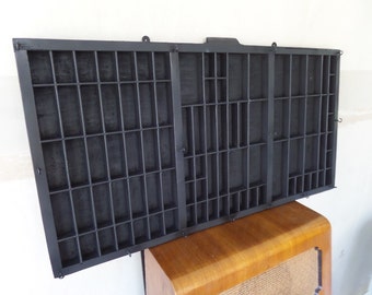 FREE SHIPPING Matt Black Printers Tray, 1940's Wooden Typeset Drawer, Wall Mounted Shadowbox, 32.25" x 16.5", Jewellery, Nail Polish