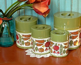 Vintage Kitchen Tin Canister Set Nesting Tins 4 Green Vegetables Retro Veggies Garden Farm