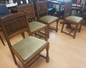 Old Charm Vintage Dining Chairs Very Good Condition Fabric Seat Oak X 4