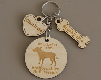Staffordshire bull terrier dog key ring. Personalised laser engraved wooden dog lover keyring, key chain, bag charm L21