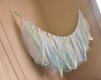 Baptism Decorations Boy Fabric Garland Backdrop. Handcrafted in 2-5 Business Days. Ribbon Garland in White, Baby Blue & Mint.