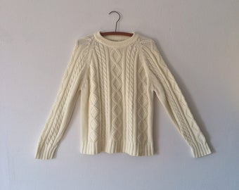 Vintage Cream White Cable Knit Sweater // Fisherman Sweater // 80s Classic Cotton Pullover // Aran Knit Jumper